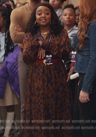Janine’s brown printed shirtdress on Abbott Elementary