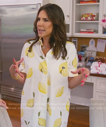 Jennifer Fessler’s white lemon print shirtdress on The Real Housewives of New Jersey