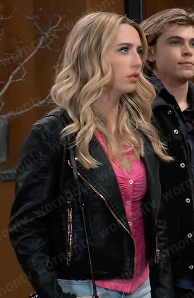 Josslyn’s leather moto jacket on General Hospital