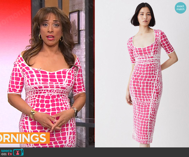 Karen Millen Abstract Jacquard Half Sleeve Knitted Midi Dress worn by Michelle Miller on CBS Mornings