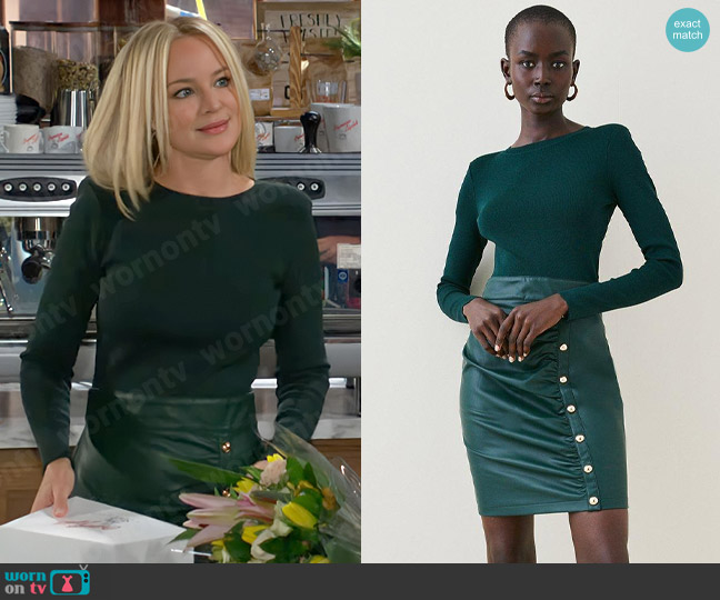 Karen Millen Pu And Knit Mix Mini Dress in Teal worn by Sharon Newman (Sharon Case) on The Young and the Restless