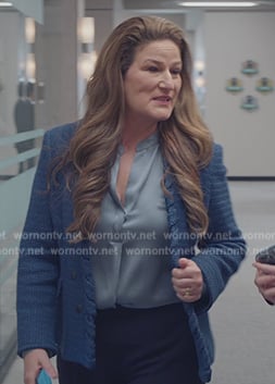 Katherine’s blue tweed blazer and blouse on American Auto