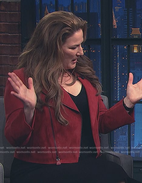 Katherine’s red suede moto jacket on American Auto