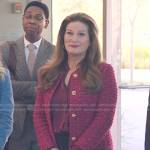 Katherine’s red satin blouse and tweed coat on American Auto
