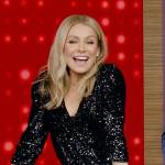 Kelly’s black sequin wrap jumpsuit on Live with Kelly and Ryan