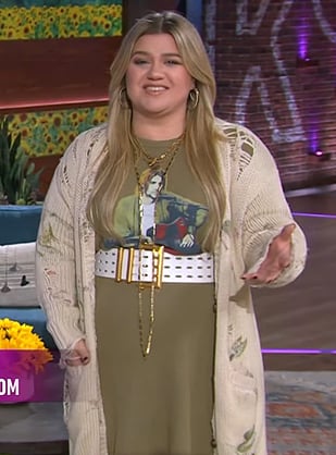 Kelly’s Kurt Cobain print dress and distressed cardigan on The Kelly Clarkson Show