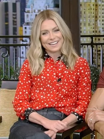 Kelly’s red contrast star print blouse on Live with Kelly and Ryan