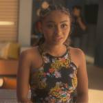 Kiela’s black floral print bodysuit on Grown-ish