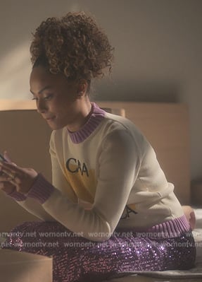 Kiela’s white Casablanca print sweater on Grown-ish