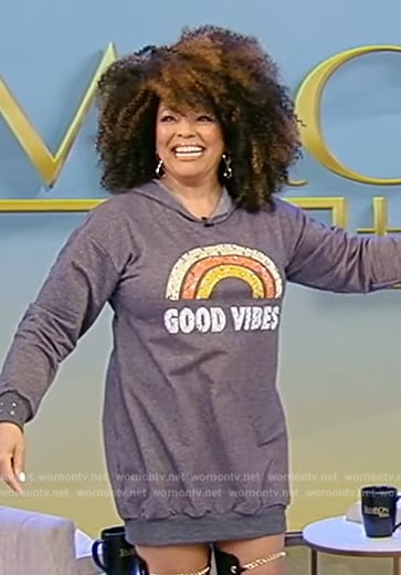 Kim Fields’ Good Vibes print sweater dress on Tamron Hall Show