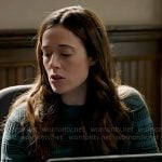 Kim’s teal and black printed sweater on Chicago PD