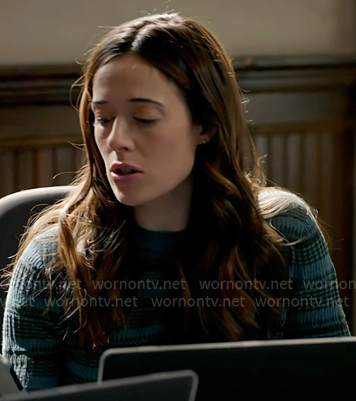 Kim’s teal and black printed sweater on Chicago PD