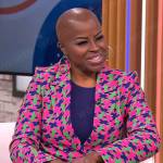 Kim Roxie’s pink geometric print suit on CBS Mornings