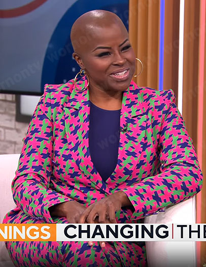 Kim Roxie’s pink geometric print suit on CBS Mornings