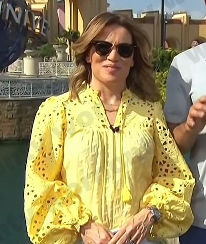 Kit’s yellow lace blouse on Access Hollywood