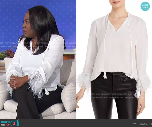 Kobi Halperin Jilly Silk Fringe Cuff Tie Neck Blouse worn by Sheryl Underwood on The Talk