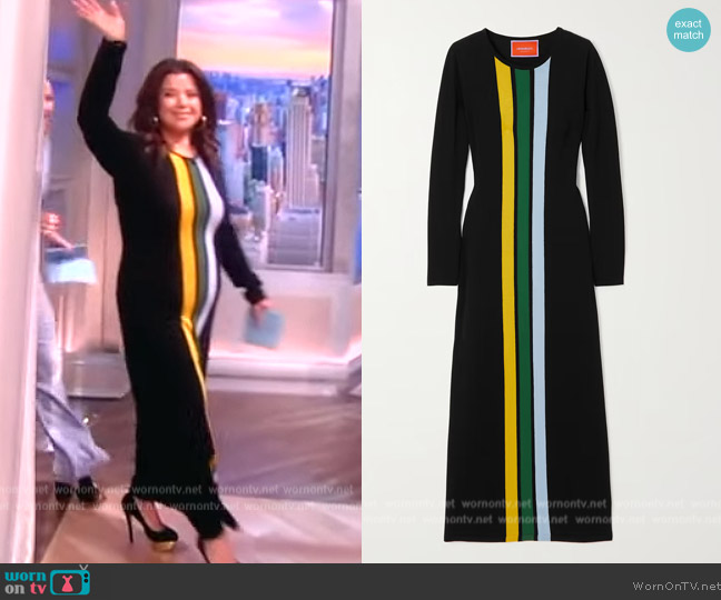 LA Double J London striped intarsia merino wool maxi dress worn by Ana Navarro on The View
