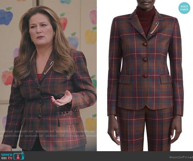 lafayette 148 Academy Plaid Pin-Embellished Blazer worn by Katherine Hastings (Ana Gasteyer) on American Auto