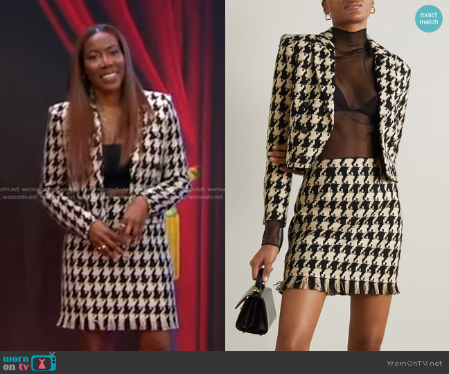 L'Agence Inez Cropped Houndstooth Tweed Blazer worn by Tiffany Reid on Good Morning America