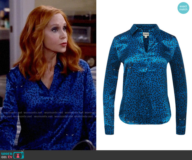 L'Agence Tyler Blouse in Teal/Black Leopard Spot worn by Sheila (Swoosie Kurtz) on Call Me Kat