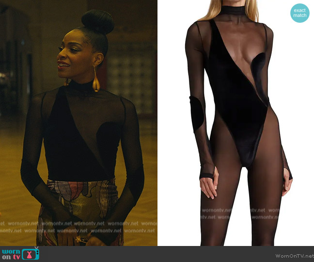 LaQuan Smith Asymmetric Mesh & Velvet Illusion Catsuit worn by Sasha Snow (Margaret Odette) on Sex/Life