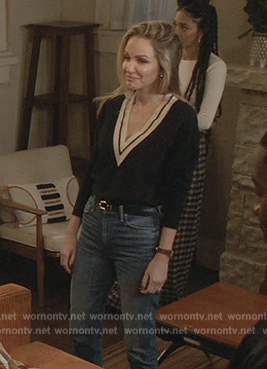 Laura’s black contrast v-neck sweater on All American