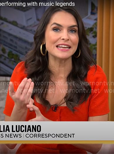 Lilia Luciano’s red square-neck dress on CBS Mornings