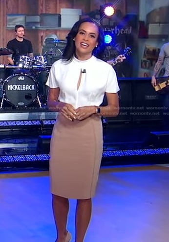 Linsey’s white and pink colorblock dress on Good Morning America