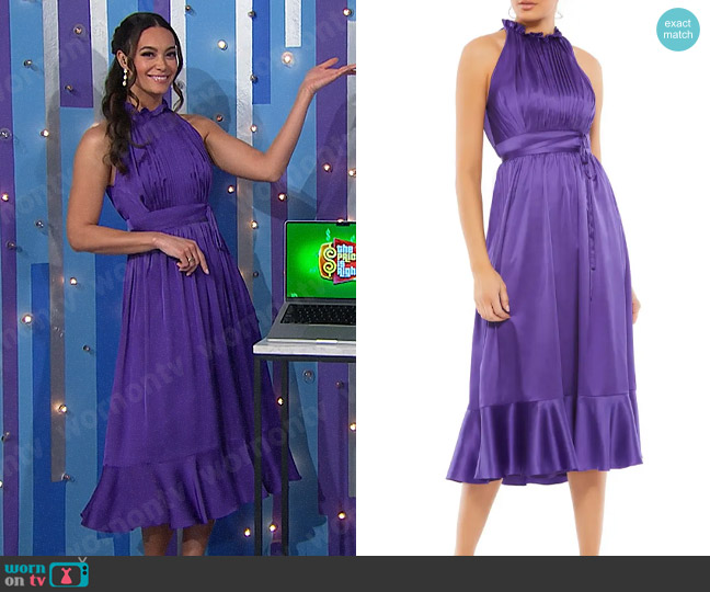 Mac Duggal Ruffle Satin A-Line Midi Dress in Purple worn by Alexis Gaube on The Price is Right