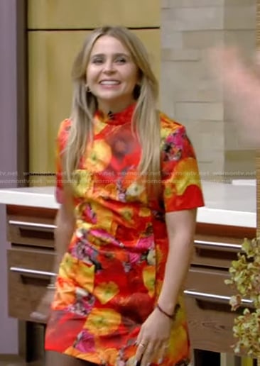 Mae Whitman’s orange floral mini dress on Live with Kelly and Ryan