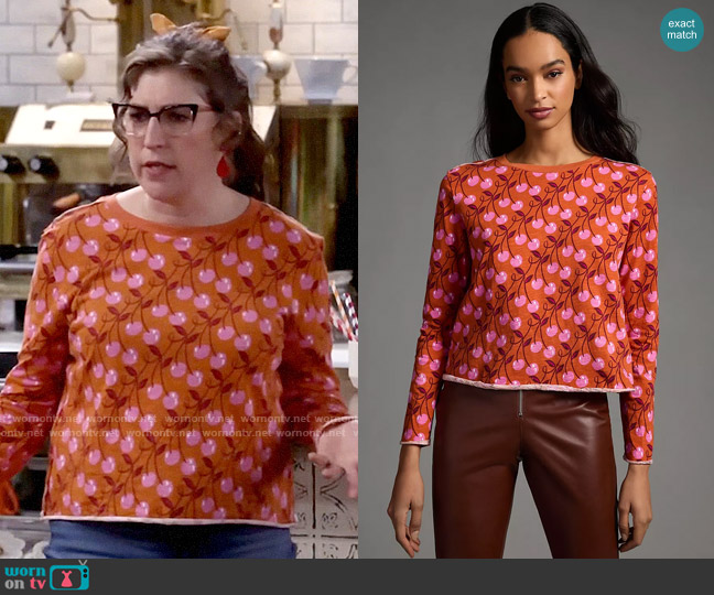 Maeve Long-Sleeve Printed Tee in Orange Motif worn by Kat Silver (Mayim Bialik) on Call Me Kat