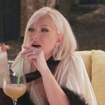 Margaret’s brown satin feather cuff robe on The Real Housewives of New Jersey