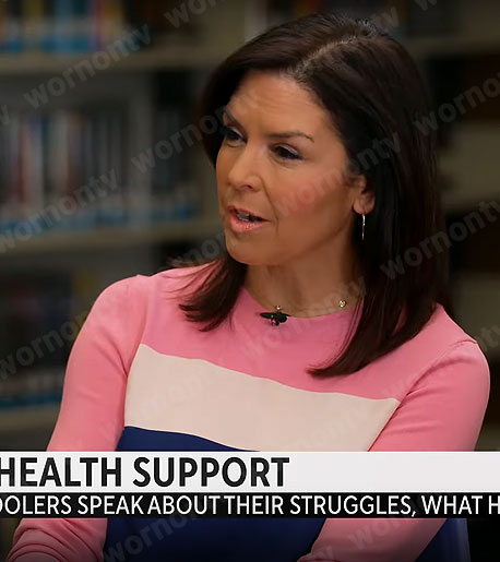 Meg Oliver’s pink and blue colorblock dress on CBS Mornings