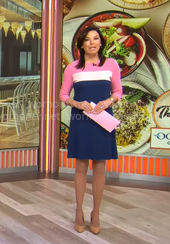 Meg Oliver’s pink and blue colorblock dress on CBS Mornings