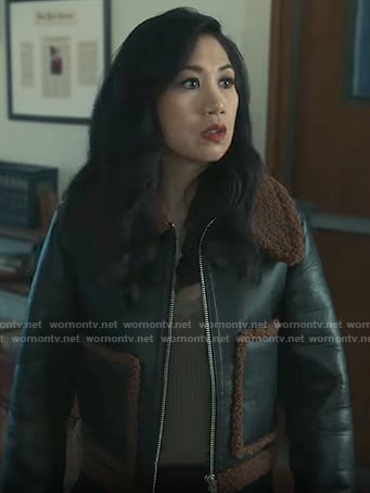 Mel’s leather jacket with brown fur details on The Equalizer