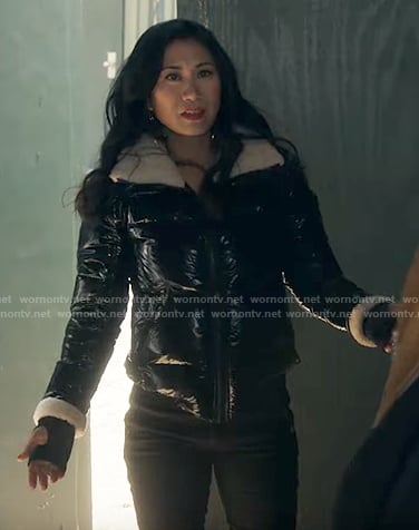Mel’s black shearling trim jacket on The Equalizer