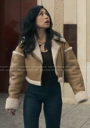 Mel’s brown leather jacket with shearling trims on The Equalizer