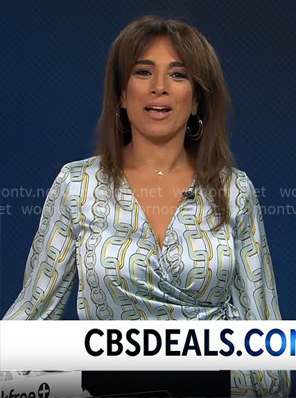 Michelle Miller’s chain print wrap blouse on CBS Mornings