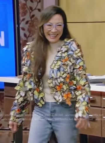 Michelle Yeoh’s butterfly applique jacket on Live with Kelly and Ryan