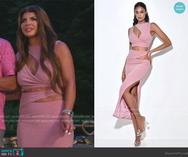 Miss Circle Teia Salmon Pink Metallic Jersey Cutout Top worn by Teresa Giudice on The Real Housewives of New Jersey