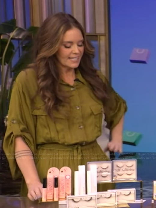 Monica Mangin’s green satin utility jumpsuit on Live with Kelly and Ryan