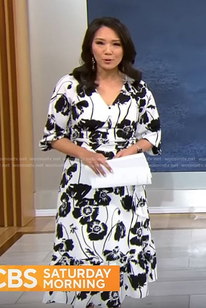 Nancy Chen’s white and black floral midi dress on CBS Mornings
