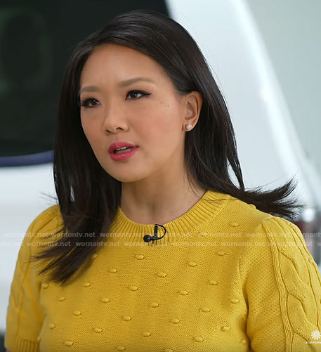 Nancy Chen’s yellow bobble knit sweater on CBS Mornings