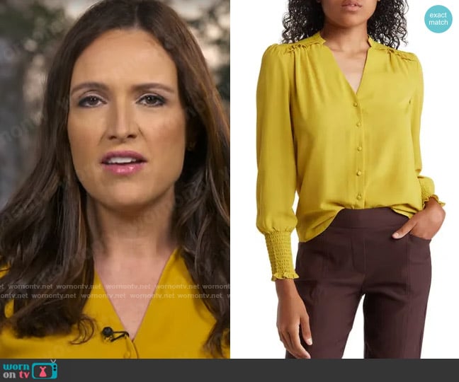 Nanette Lepore Smocked Cuff Split Neck Blouse in Eve Green worn by Nikki Battiste on CBS Mornings