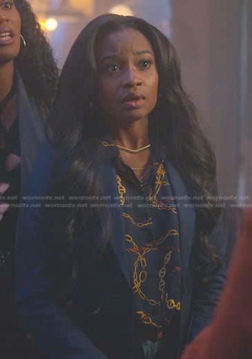 Navy chain print shirt on Good Trouble