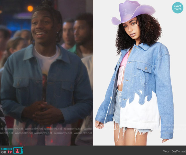 Neon Cowboys Light Up Flame Denim Jacket worn by Zeke (Ceyair J Wright) on Grown-ish