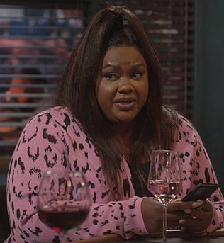 Nicky’s pink leopard cardigan on Grand Crew