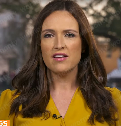 Nikki Battiste’s yellow v-neck blouse on CBS Mornings