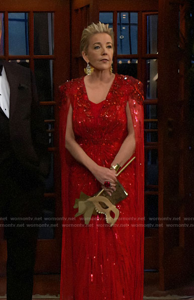 Nikki’s red embellished cape gown on The Young and the Restless