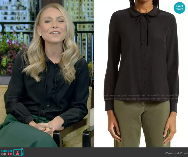 Nili Lotan Monet Tie Neck Silk Blouse worn by Kelly Ripa on Live with Kelly and Mark